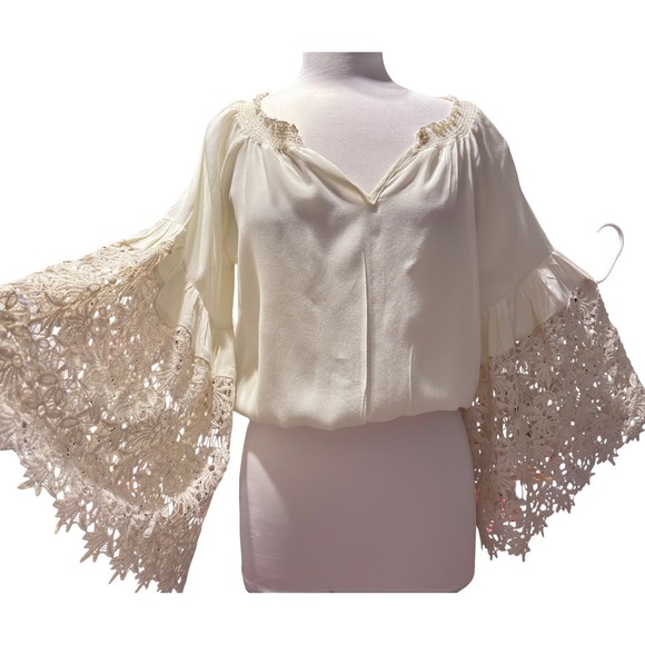 Colleen Lopez Tops - Vintage Colleen Lopez Blouse Womens Large Cream Crochet Bell Sleeve Boho Top